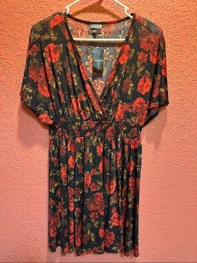 Torrid Mesh Smock Waist Coverup Dress w/Red Floral Print